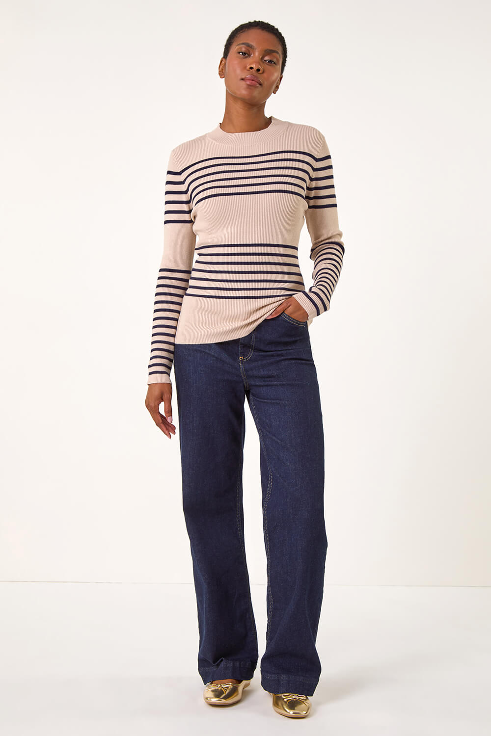 Camel  Stripe Ribbed Crew Jumper, Image 1 of 5