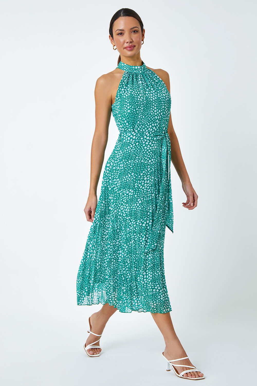 Green Spot Print Halter Neck Midi Dress, Image 5 of 5