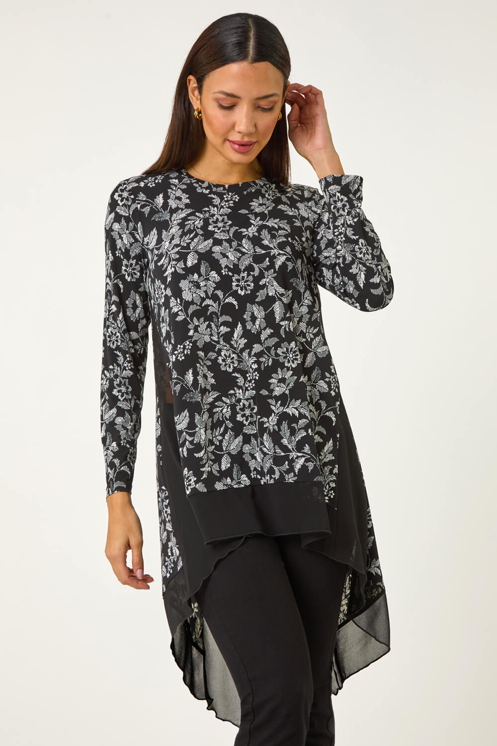 Black Floral Puff Print Chiffon Hem Top, Image 3 of 5
