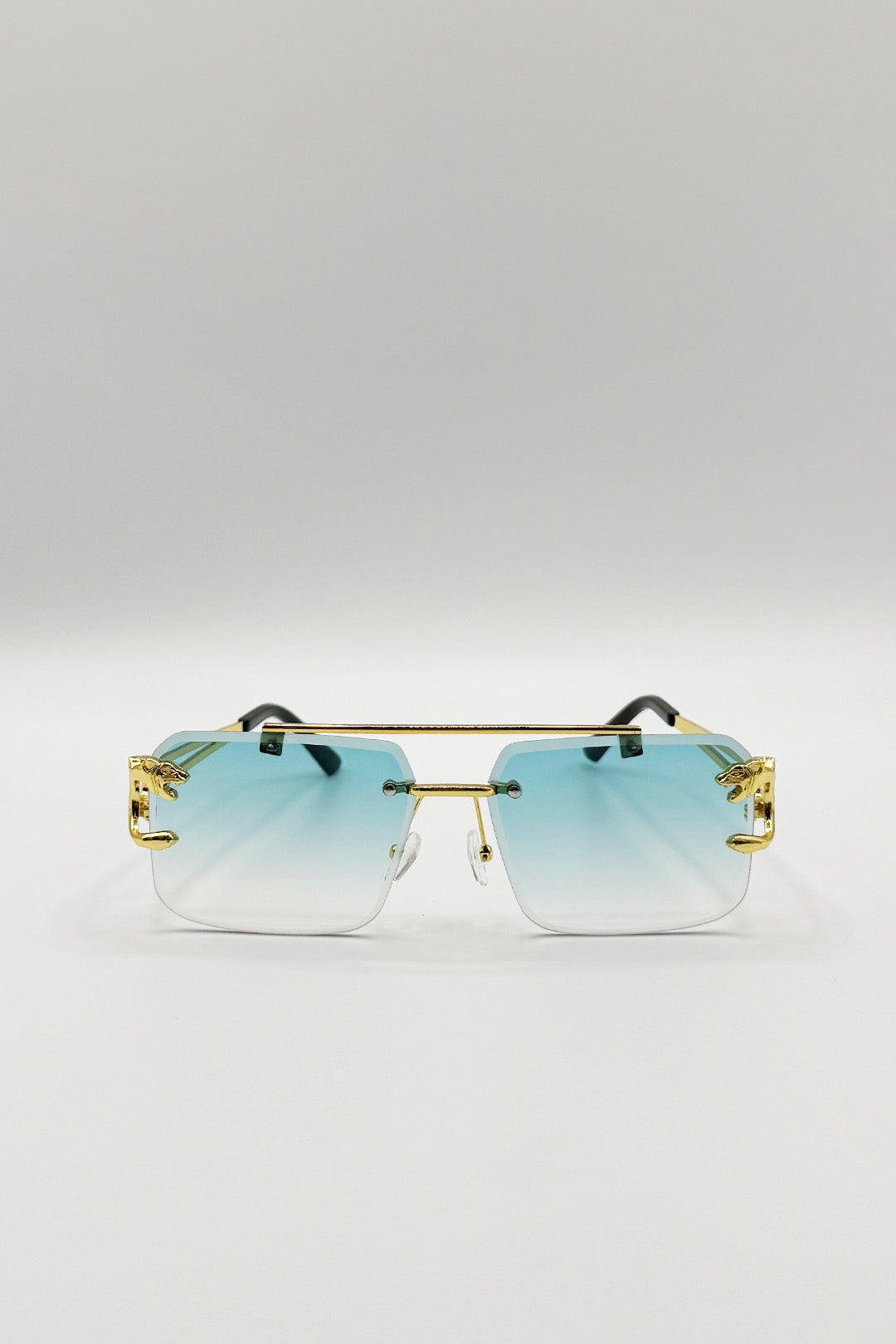 Blue SVNX Blue Rimeless Navigator With Side Detail Sunglasses In Blue, Image 2 of 5
