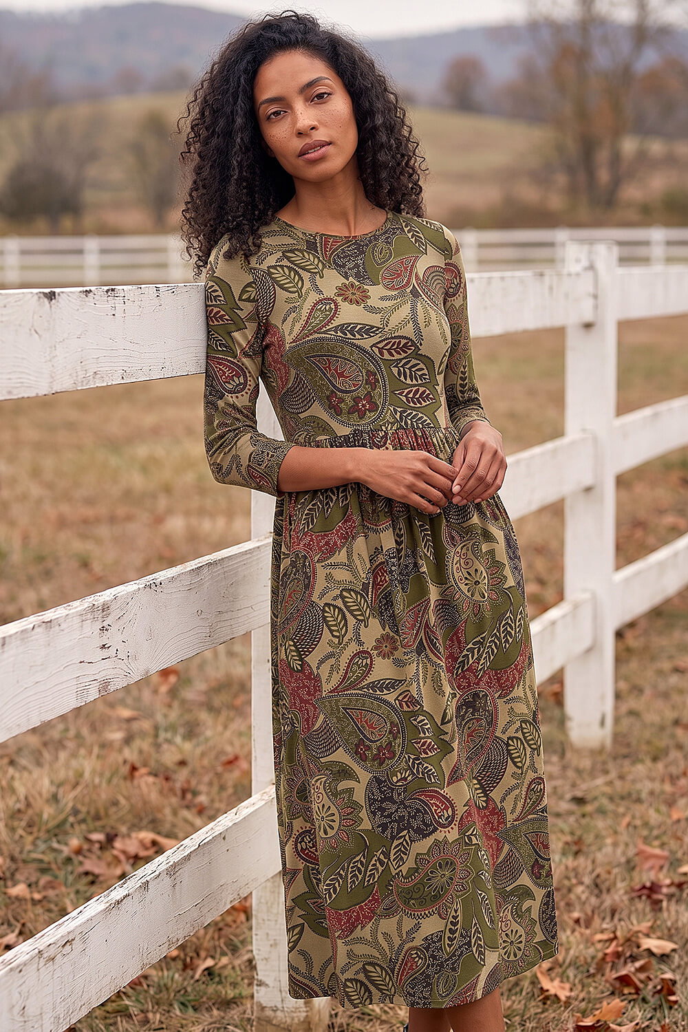 Roman Women's Khaki Paisley Print Stretch Midi Dress Size 16