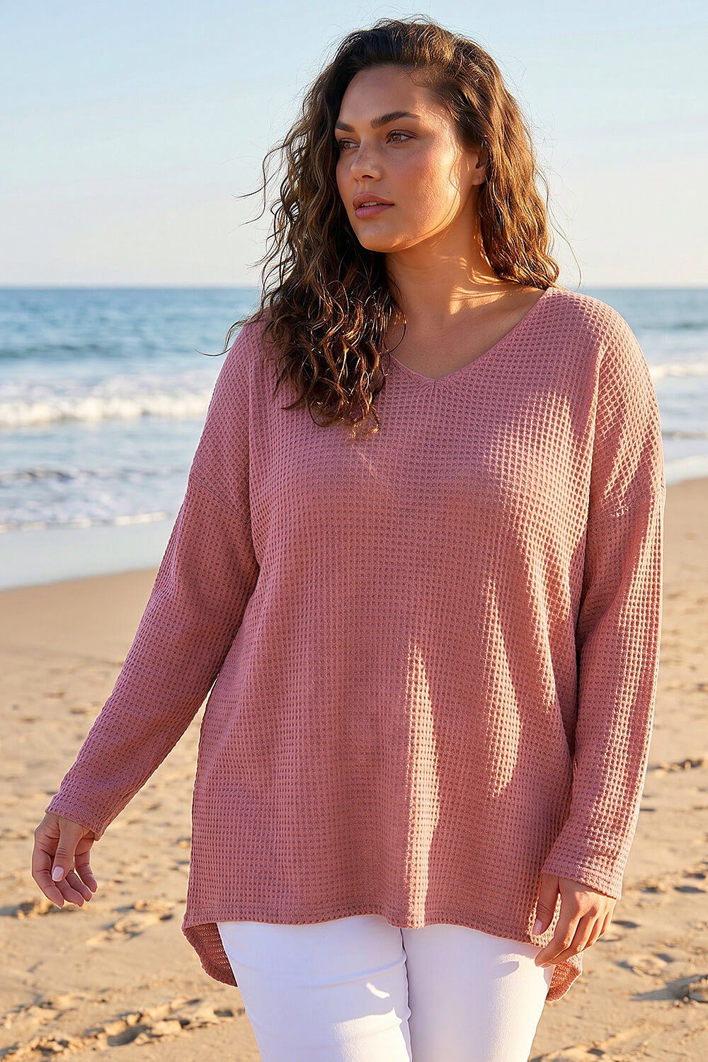 Pink Curve Textured V-Neck Stretch Top, Image 1 of 4