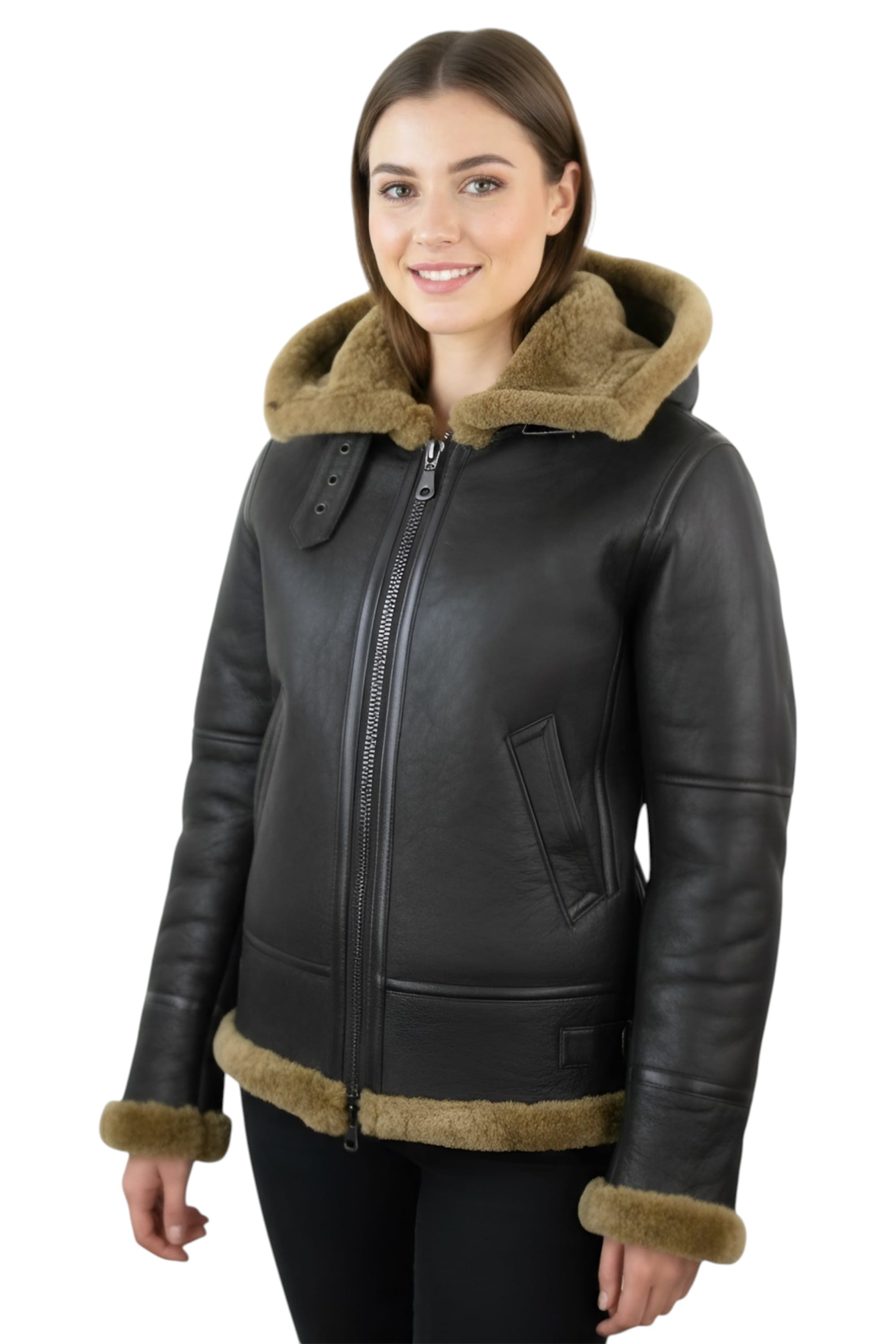 Dark Brown Hooded Sheepskin Flying Leather Jacket, Image 1 of 8