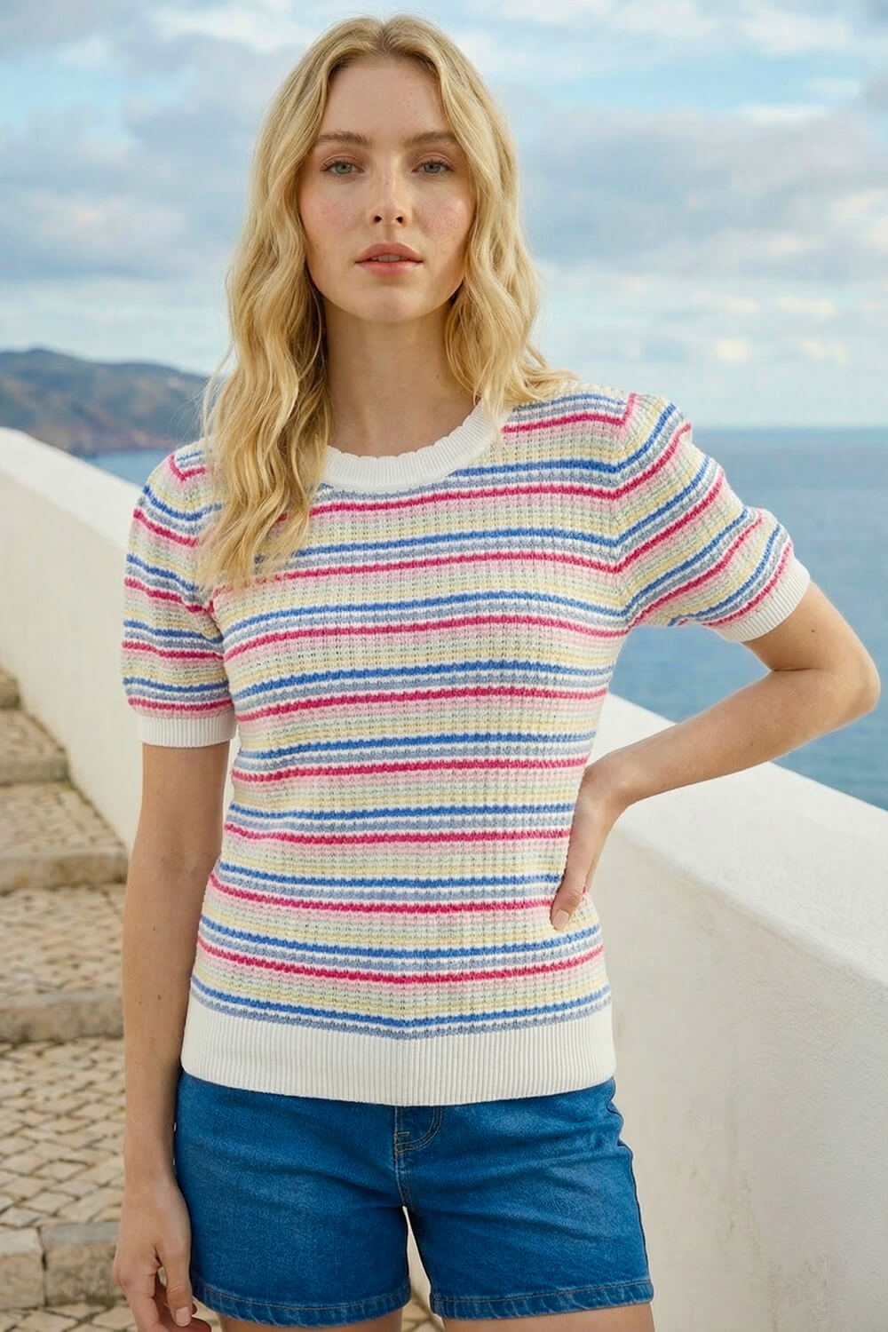Multi Scallop Edge Stripe Knit Top, Image 1 of 4