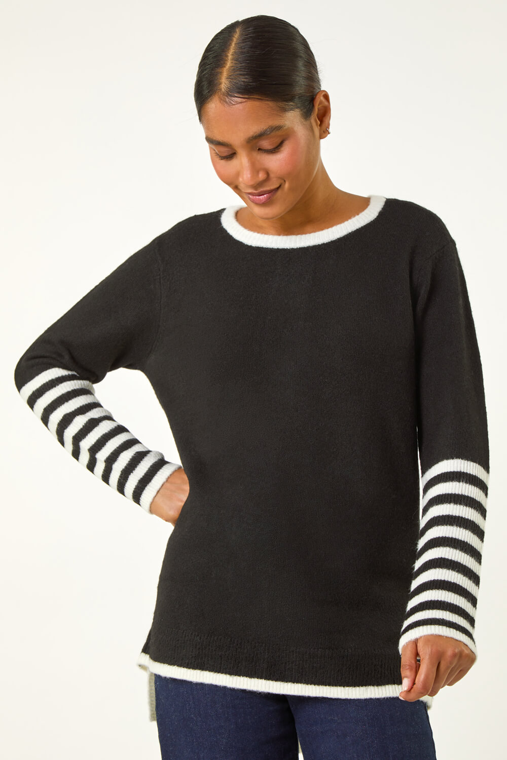 Black Contrast Stripe Detail Knit Jumper, Image 5 of 5