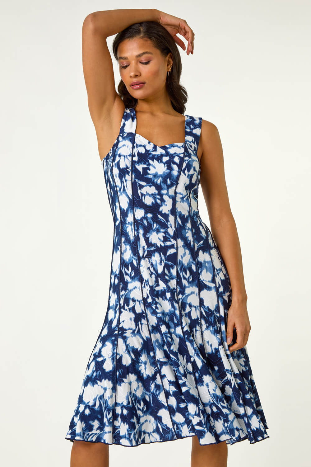 Navy Stretch Abstract Panelled Short Dress, Image 1 of 5