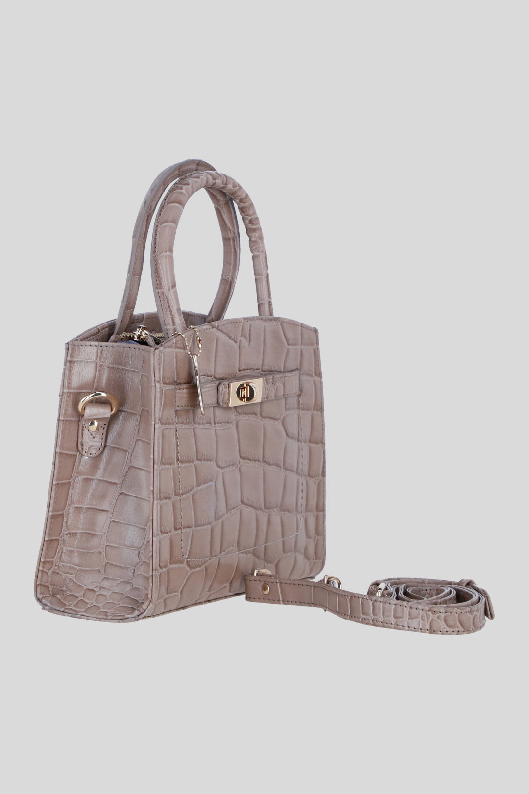 Grey Genuine Leather Structured Handbag with Detachable Crossbody Strap, Image 4 of 4