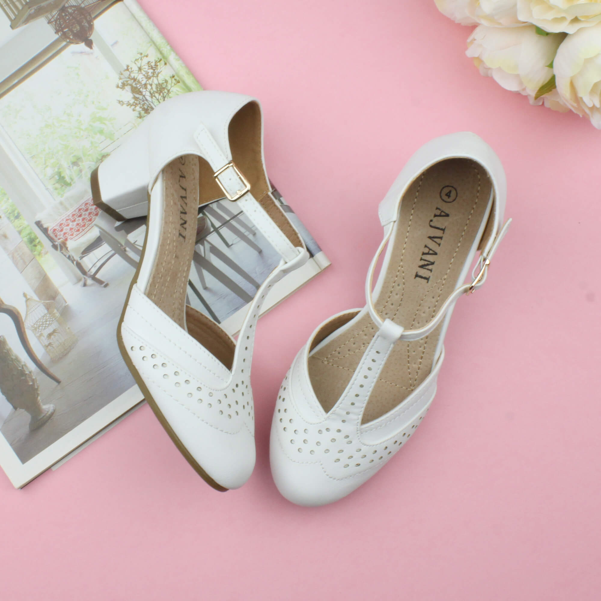 White Mid Heel Comfort T-Bar Brogue Heels, Image 4 of 6