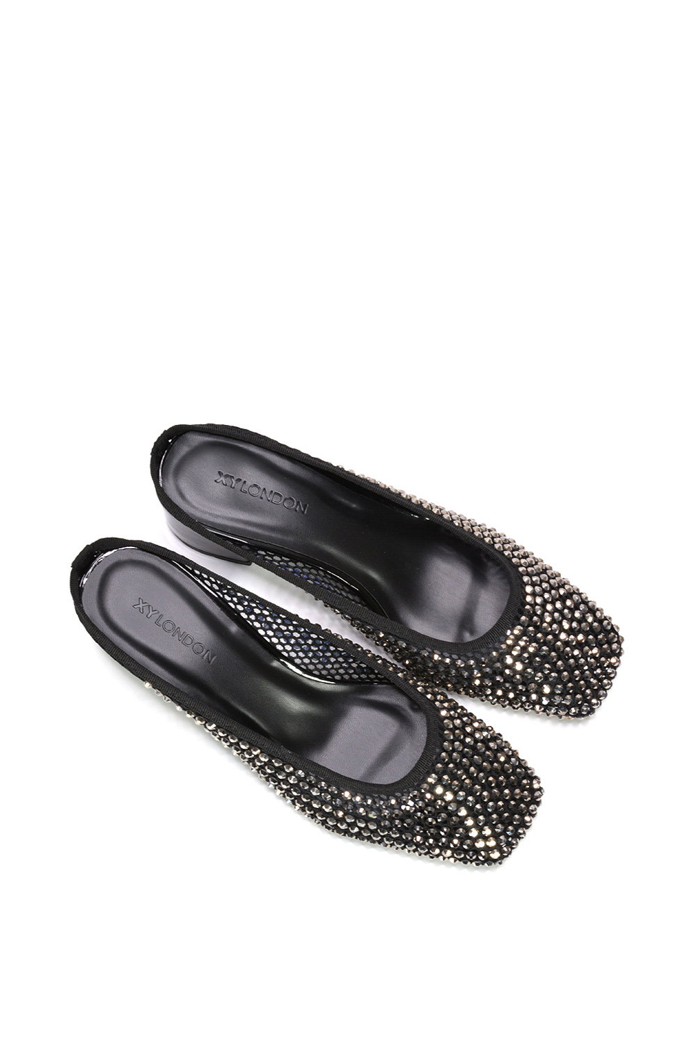 Black XY LONDON Black 'Brooklyn' Square Toe Court Shoe Mule Block Heels With Crystal Mesh, Image 6 of 6