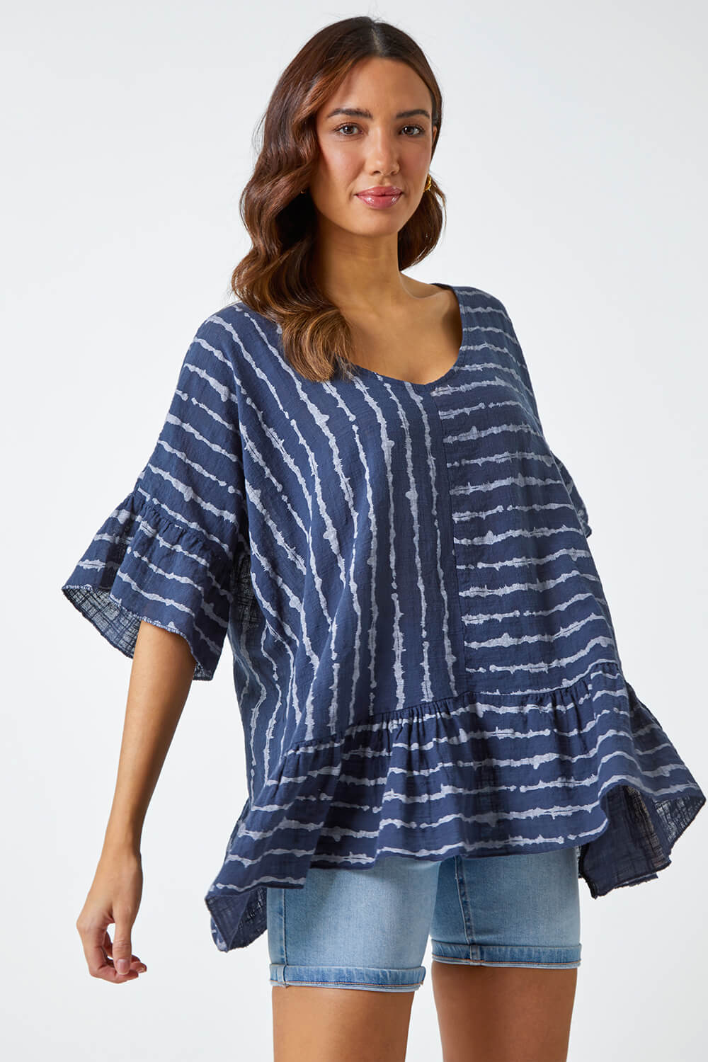 Navy Striped Frill Hem Cotton Tunic Top, Image 1 of 5