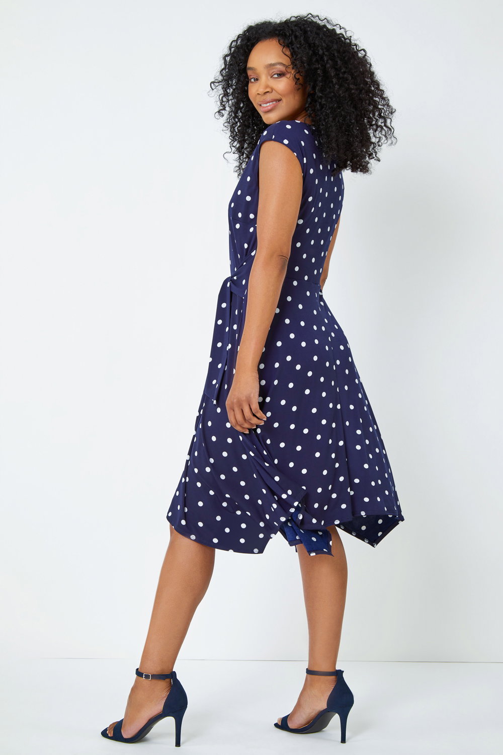 Navy Petite Polka Dot Tie Waist Asymmetric Dress, Image 4 of 5