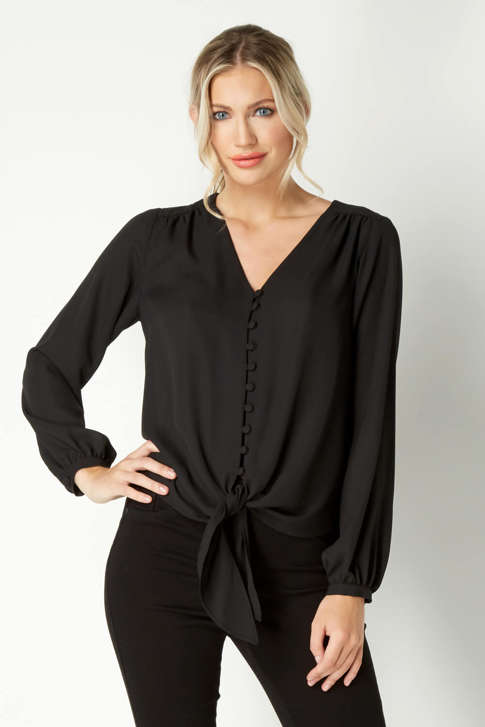 Black Button Tie Front Blouse, Image 1 of 4