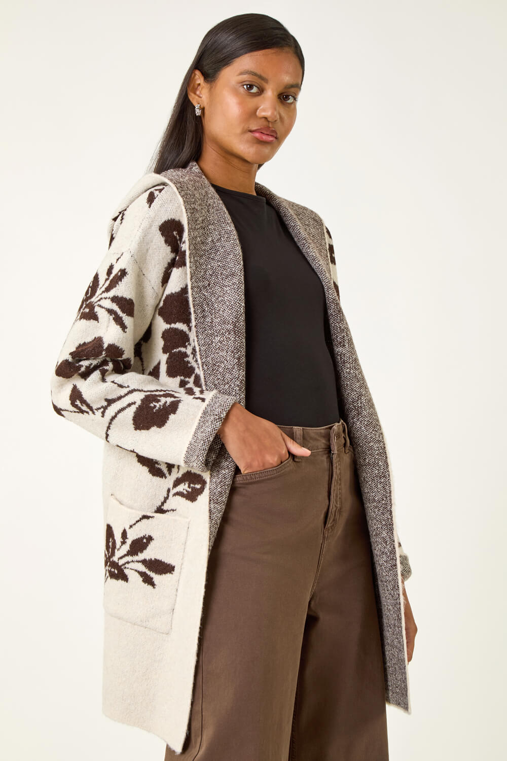 Beige Puff Floral Sweater Cardigan main image 0