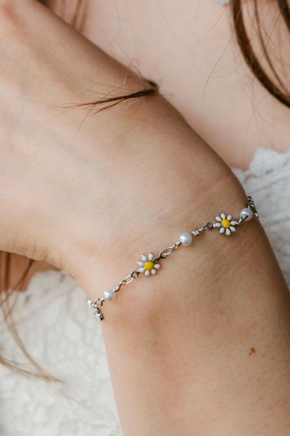 Silver Sunflower Pearl Charm Beaded Boho Bracelet, Image 1 of 2