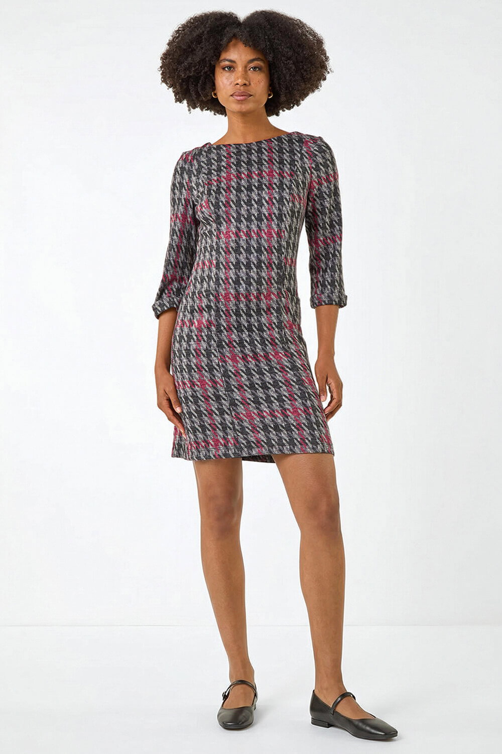 Red Houndstooth Pocket Shift Stretch Dress, Image 3 of 5