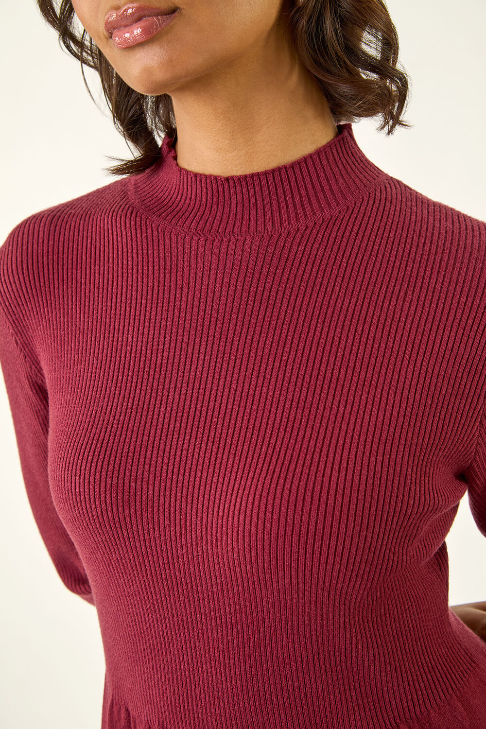 Burgundy Ribbed Knit High Neck Midi Dress, Image 6 of 5