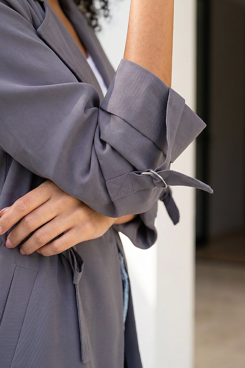 Grey Tie Waist Longline Jacket, Image 5 of 4