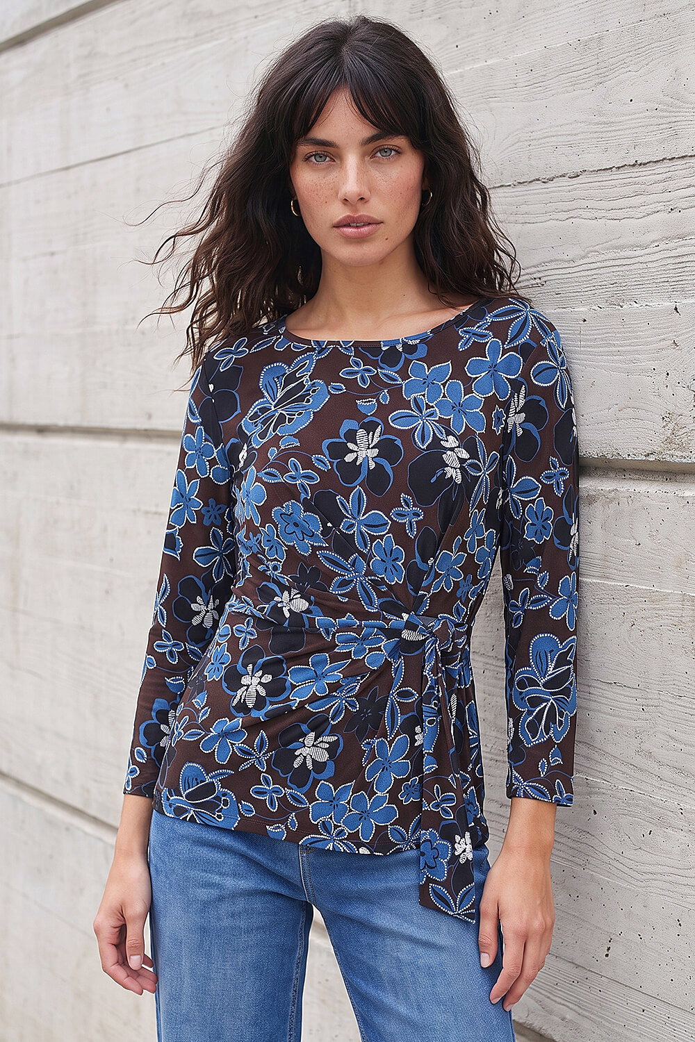 Roman Women's Chocolate Floral Puff Print Side Tie Top Size 16