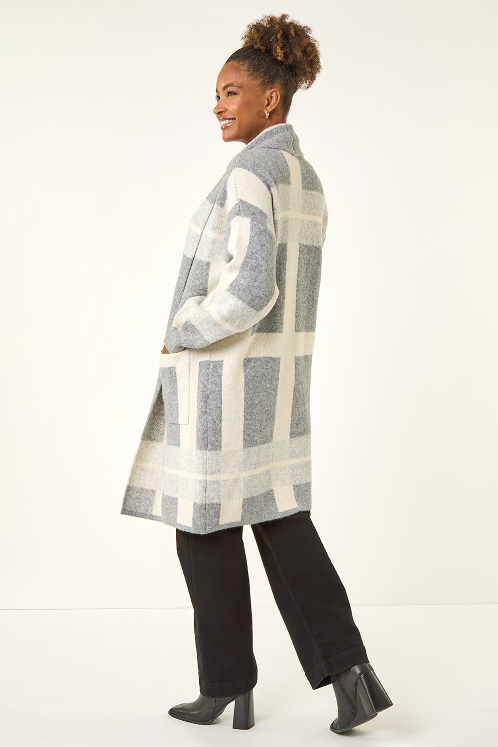 Grey Check Longline Pocket Cardigan, Image 4 of 5