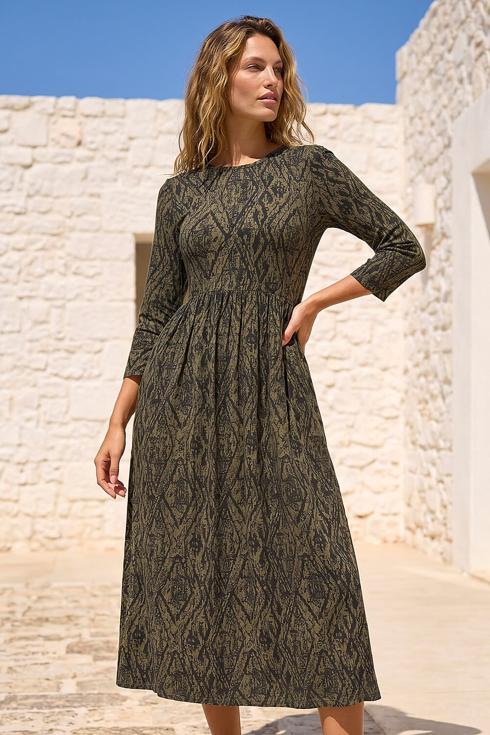 Roman Women's Khaki Abstract Print Midi Dress Size 10