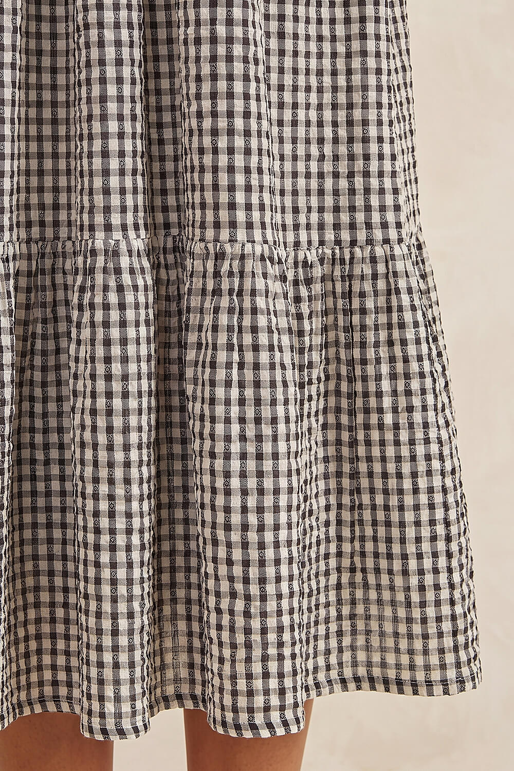 Black Gingham Shirred Midi Dress, Image 5 of 4