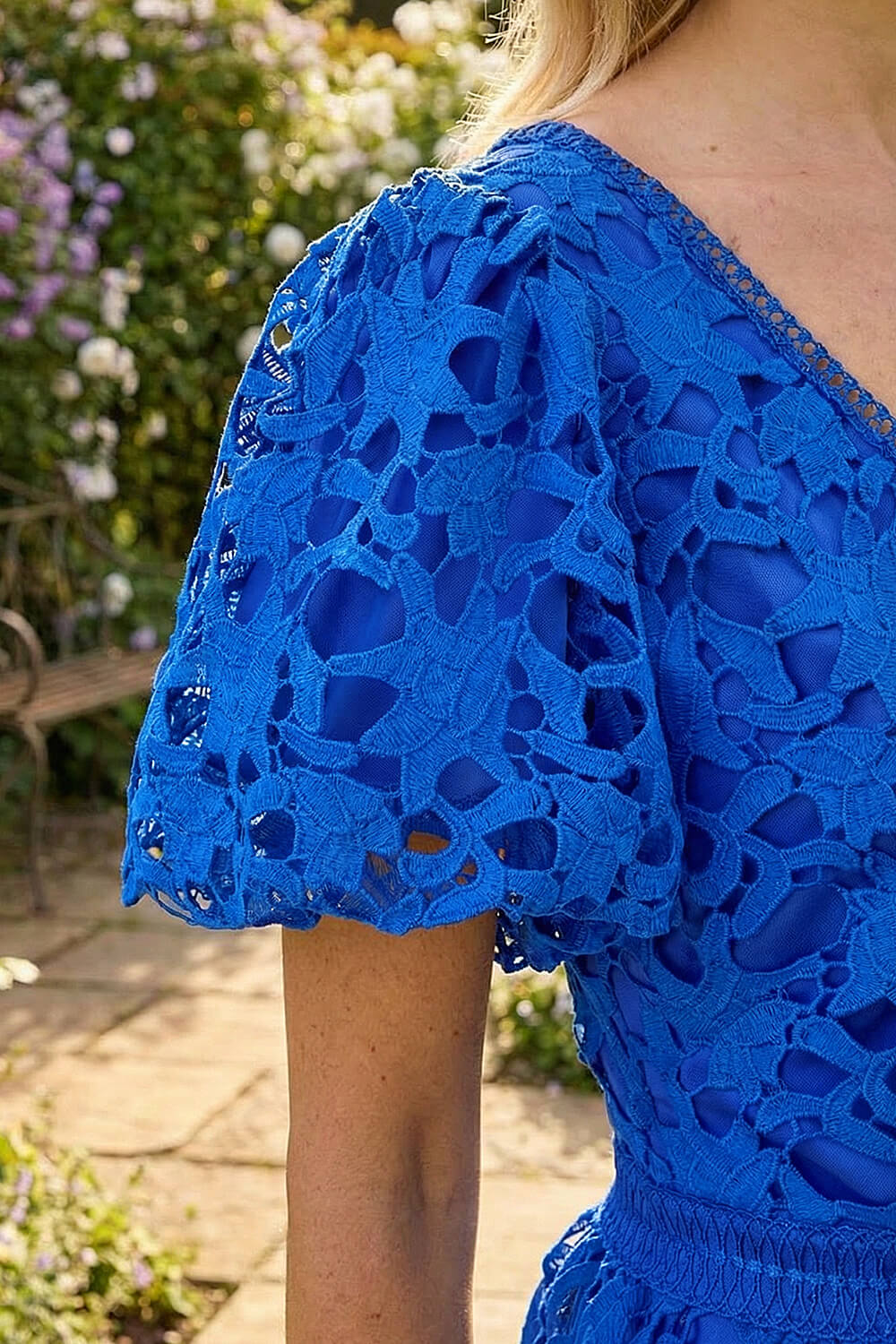 Royal Blue Crochet Lace V-Neck Midi Dress, Image 5 of 4
