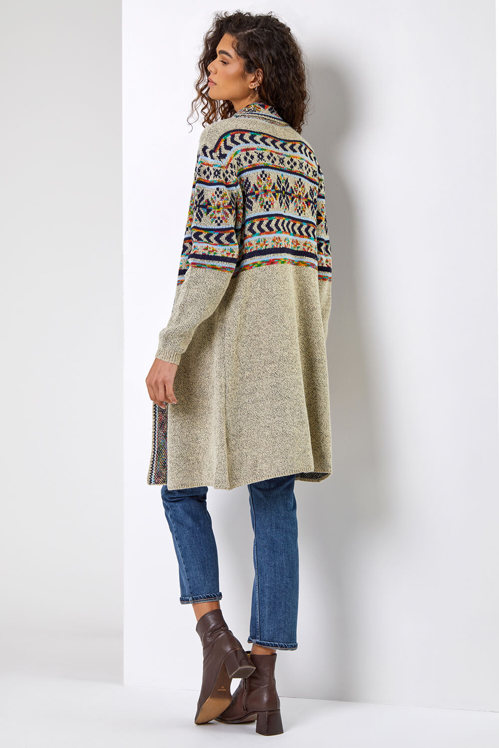 Natural Nordic Patterned Longline Cardigan, Image 3 of 5