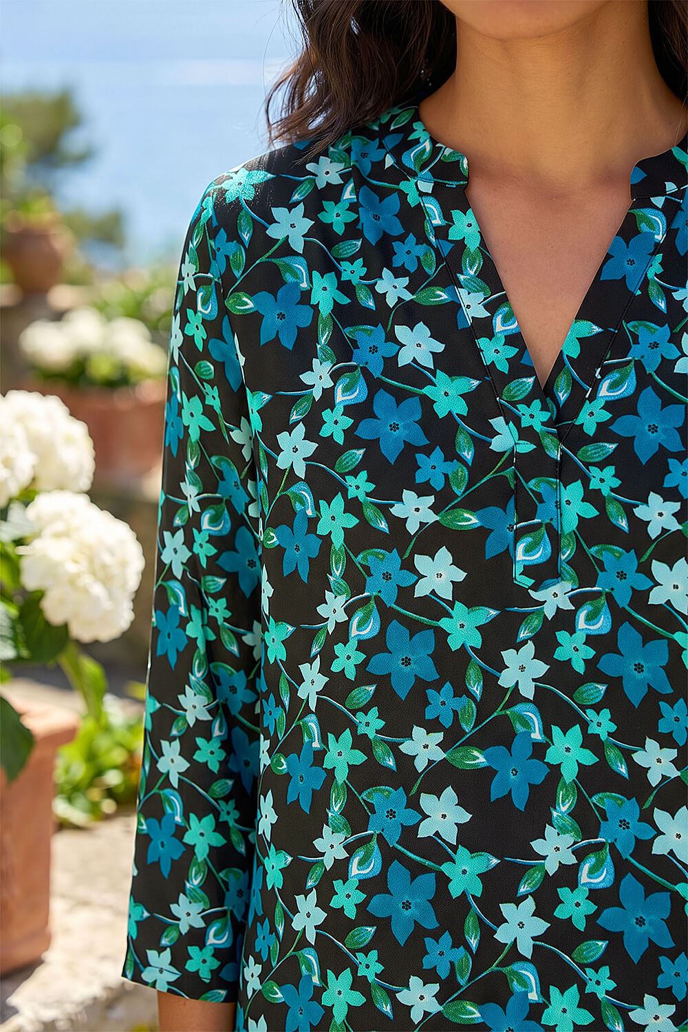 Teal Abstract V-Neck Stretch Top, Image 5 of 4