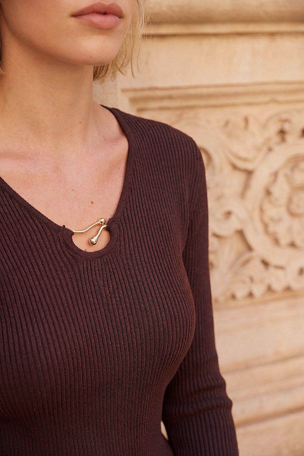 Chocolate Gold Trim Knit Jumper, Image 6 of 5