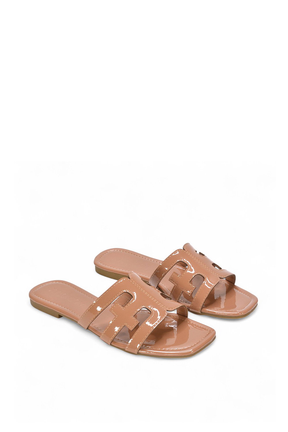 Taupe XY LONDON Taupe 'Ellie' Square Toe Cut Out Strap Flat Sandal Slides, Image 4 of 5