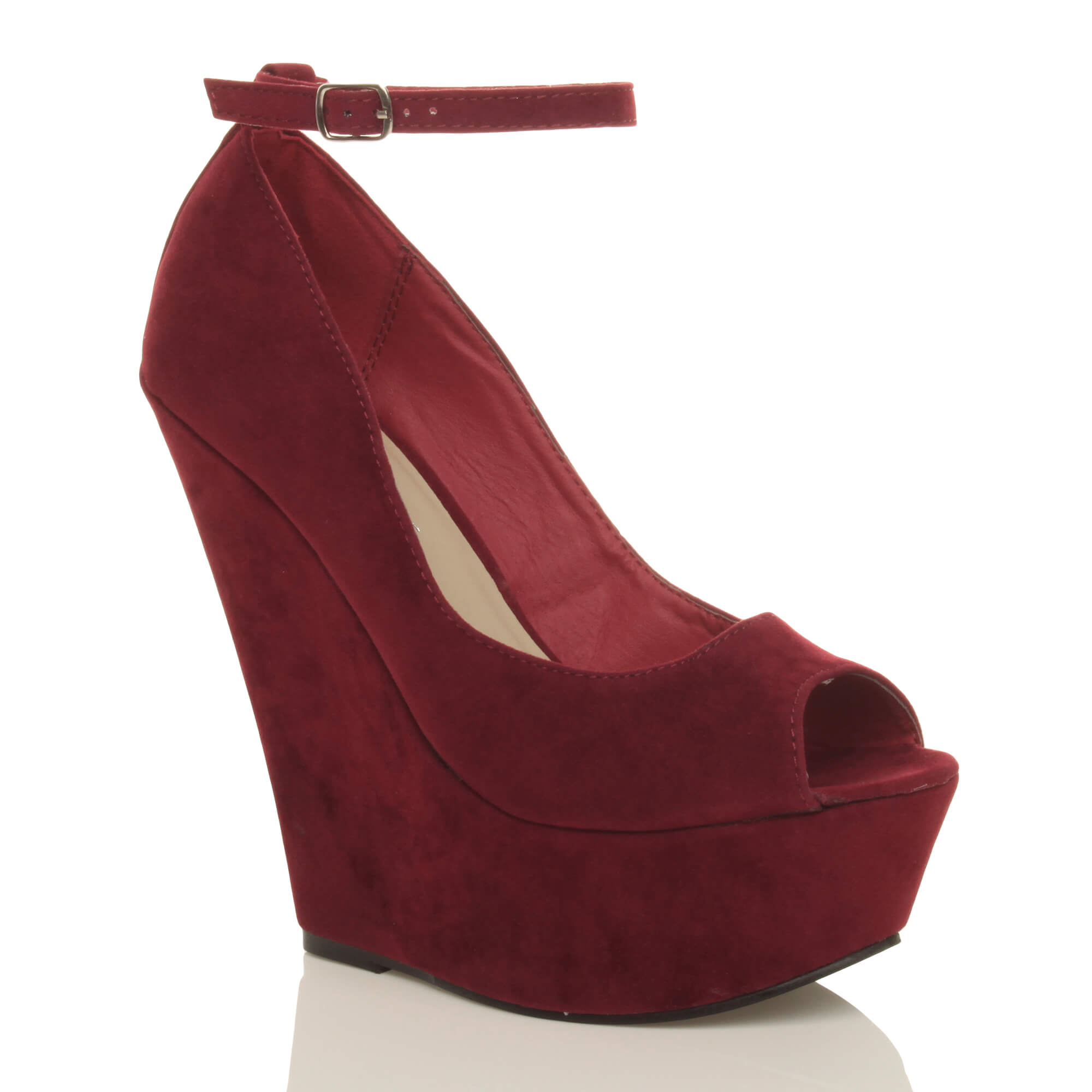 Burgundy High Wedge Heel Ankle Strap Platform Peep Toe Shoes, Image 1 of 6