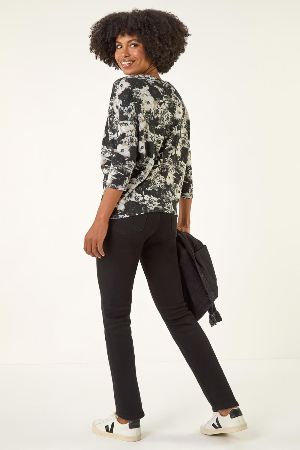 Black Floral Print Snit Jersey Top, Image 4 of 5