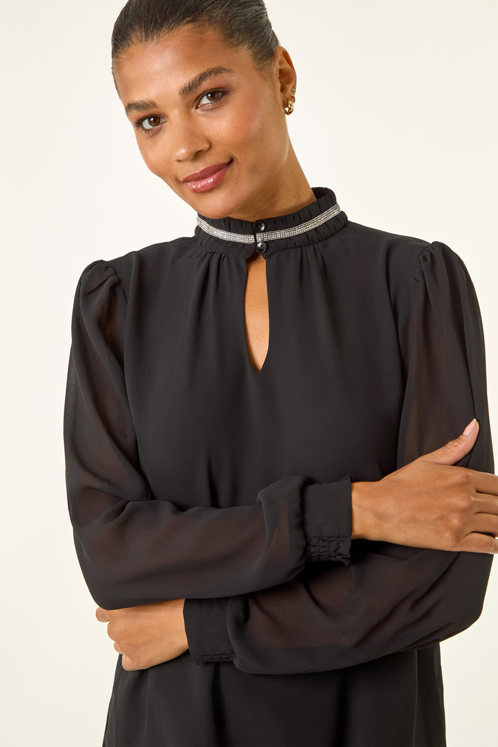 Black Sparkly Trim High Neck Top, Image 5 of 5