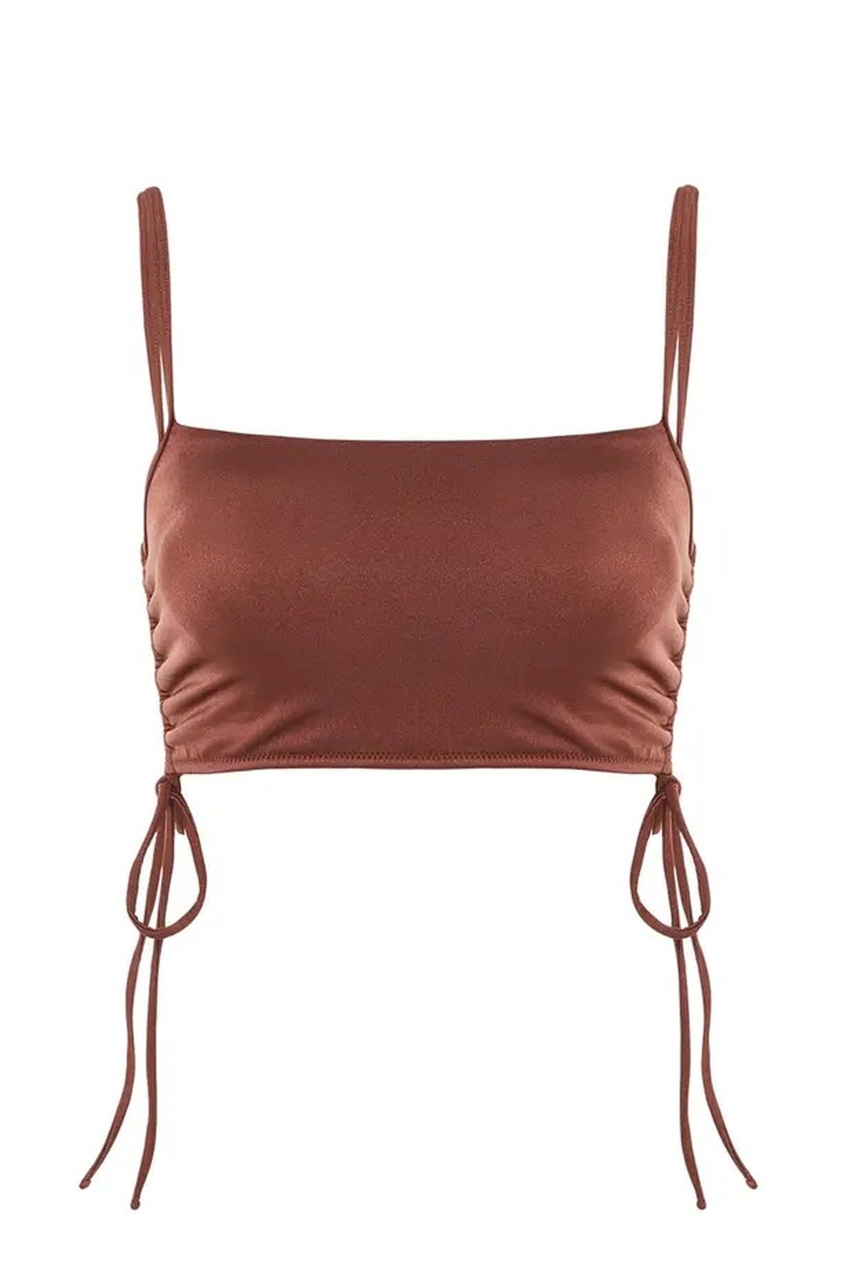 Brown Square Neck Ruched Side Detail Bikini Top, Image 2 of 4