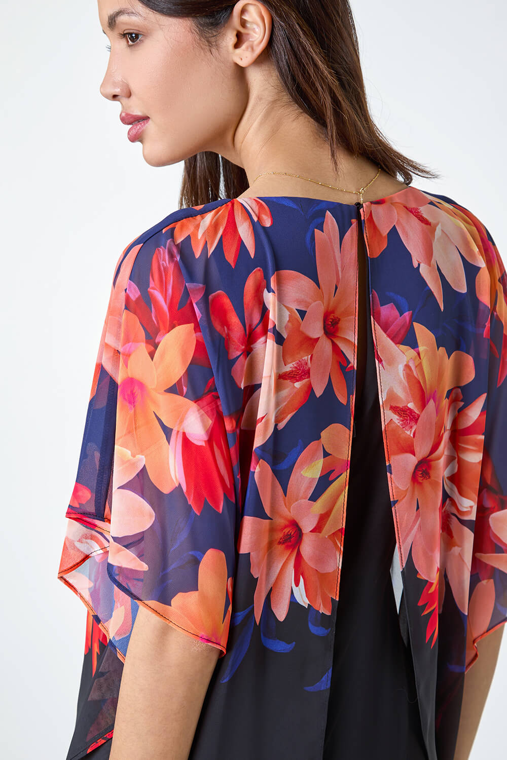 Navy  Floral Print Chiffon Overlay Jumpsuit, Image 6 of 5