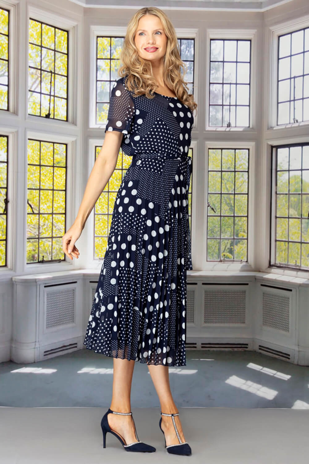 Navy  Julianna Patchwork Pleated Chiffon Dress, Image 5 of 4