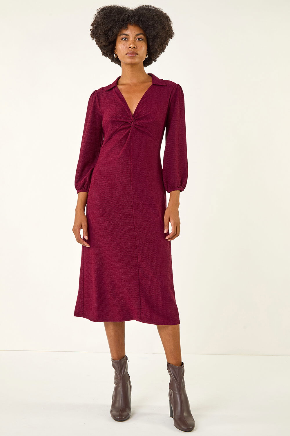 Wine Textured Collared Twist Front Dress, Image 3 of 5
