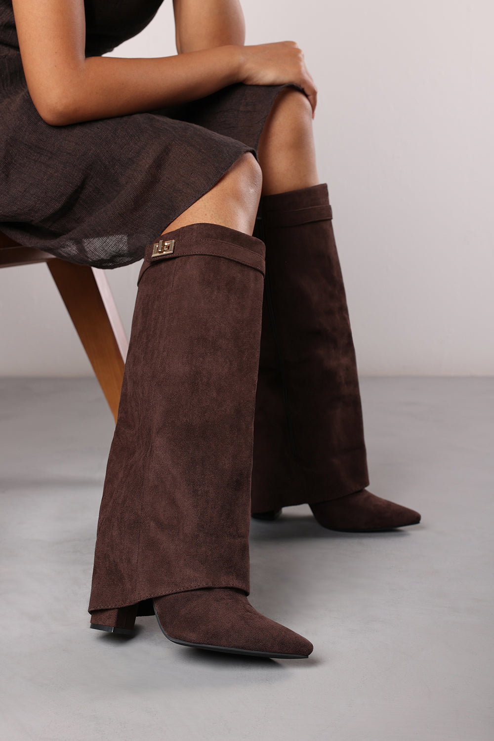 Brown Keira Fold Over Shark Block Heel Point Toe Boots, Image 1 of 5