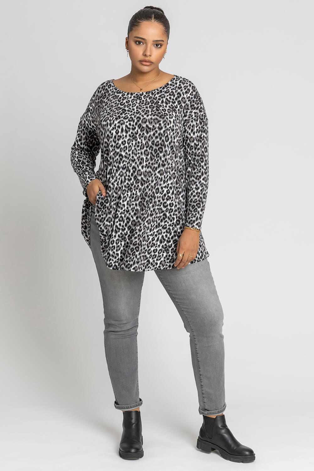 Grey Curve Mono Animal Print Top, Image 4 of 4
