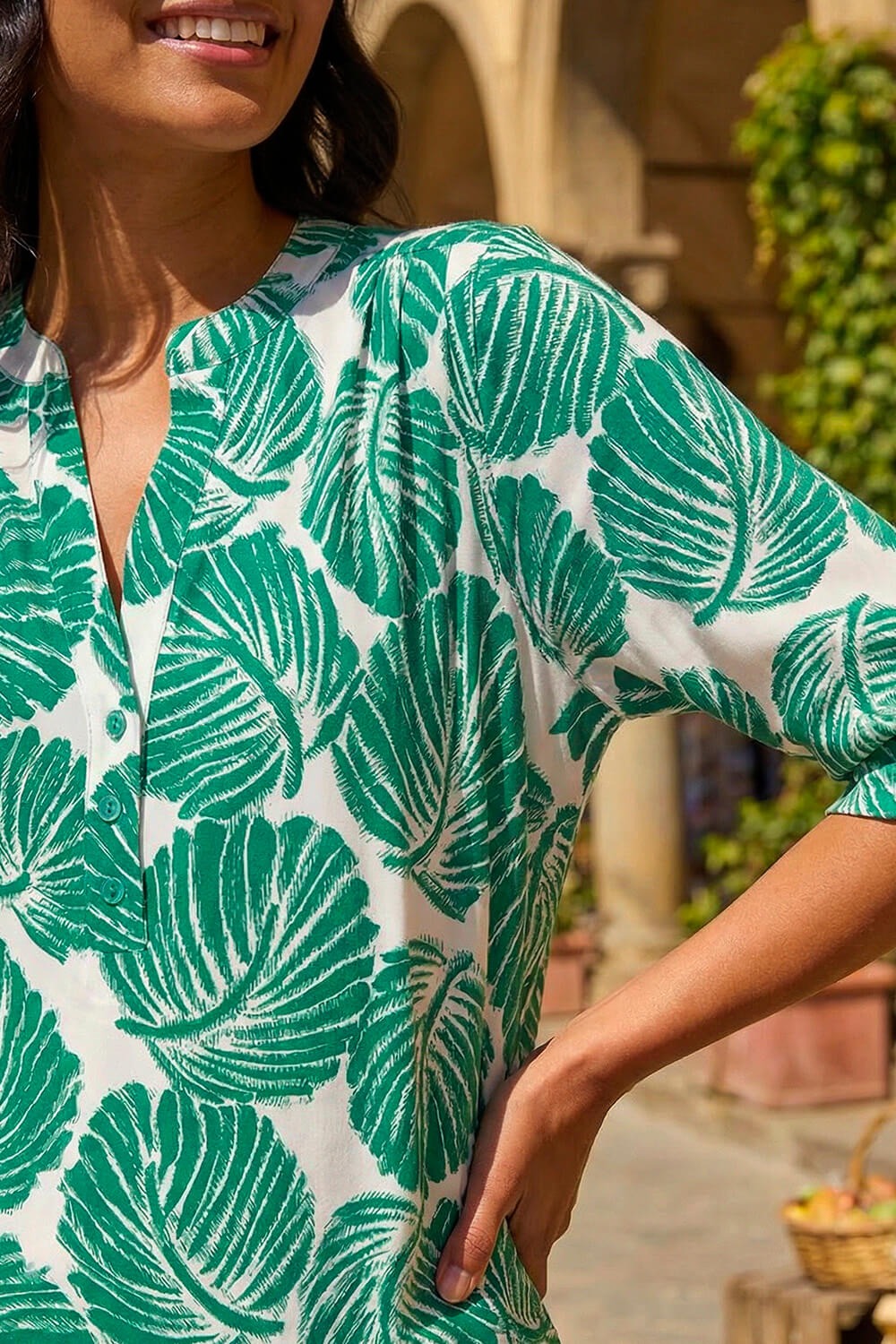 Green Leaf Print Shoulder Pleat Shirt, Image 5 of 4