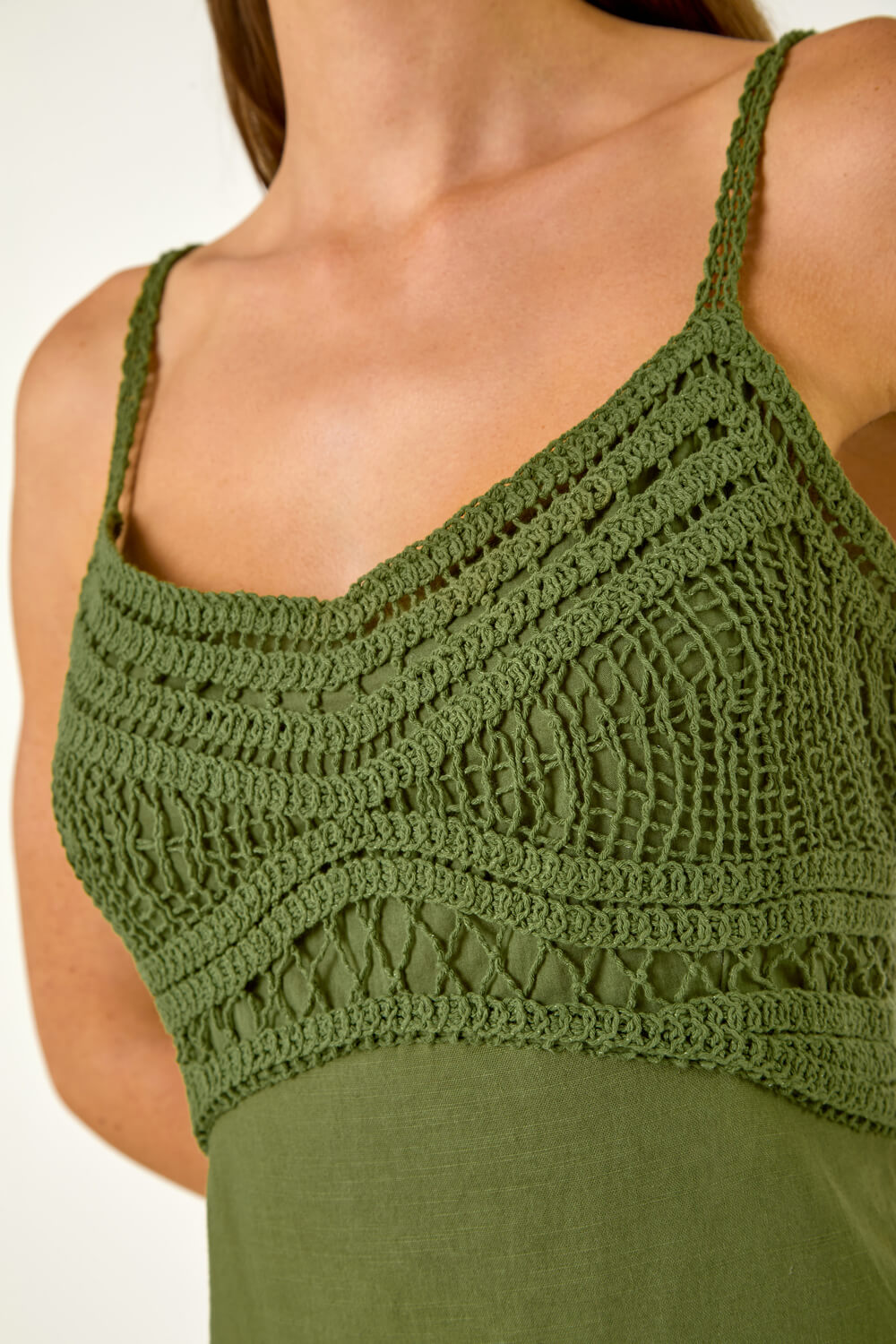KHAKI Lace Panel Strappy Midi Dress, Image 6 of 5