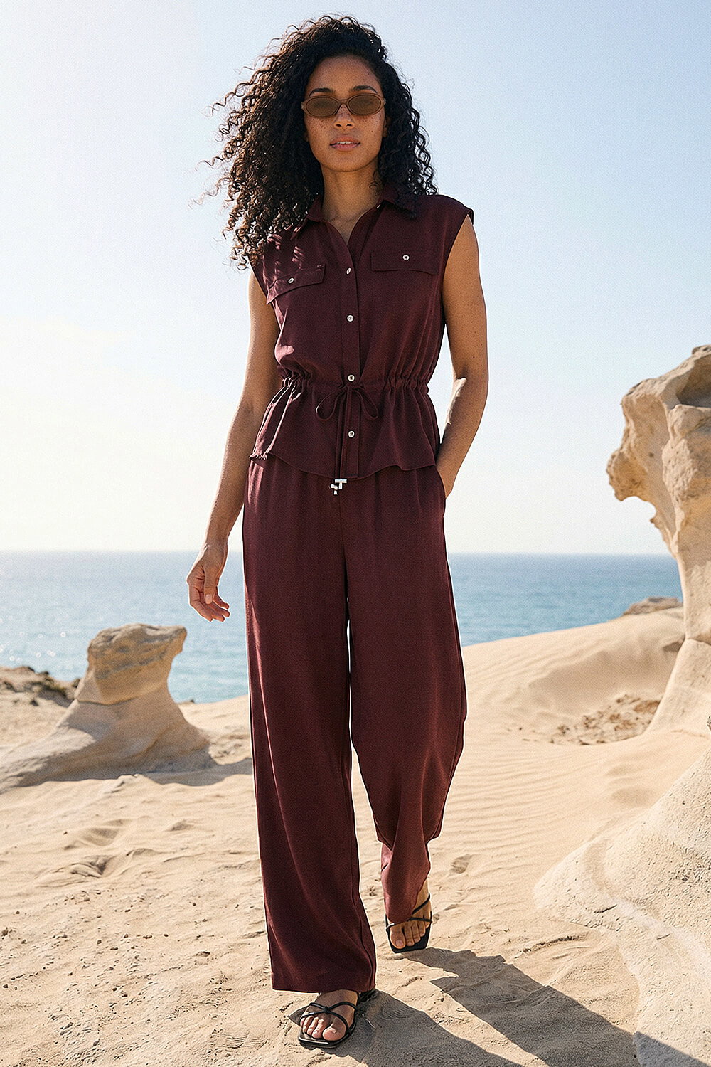 Chocolate Safari Tie Waist Button Jacket , Image 5 of 4