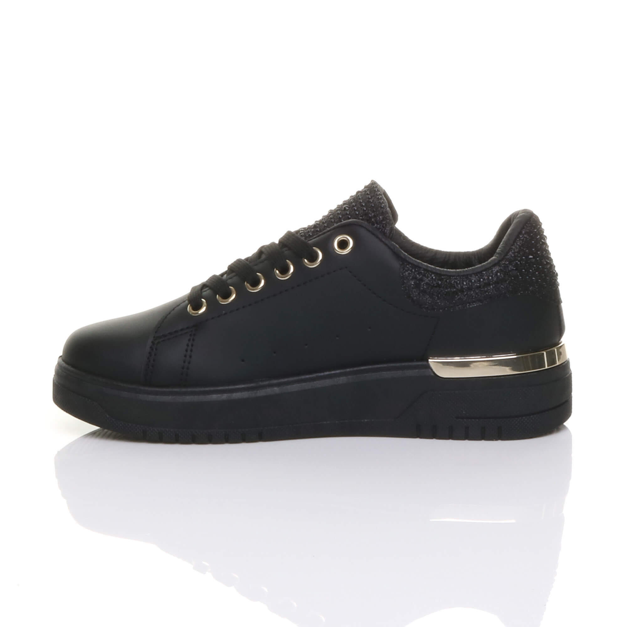 Black Flat Chunky Diamante Sparkly Trainers, Image 3 of 6