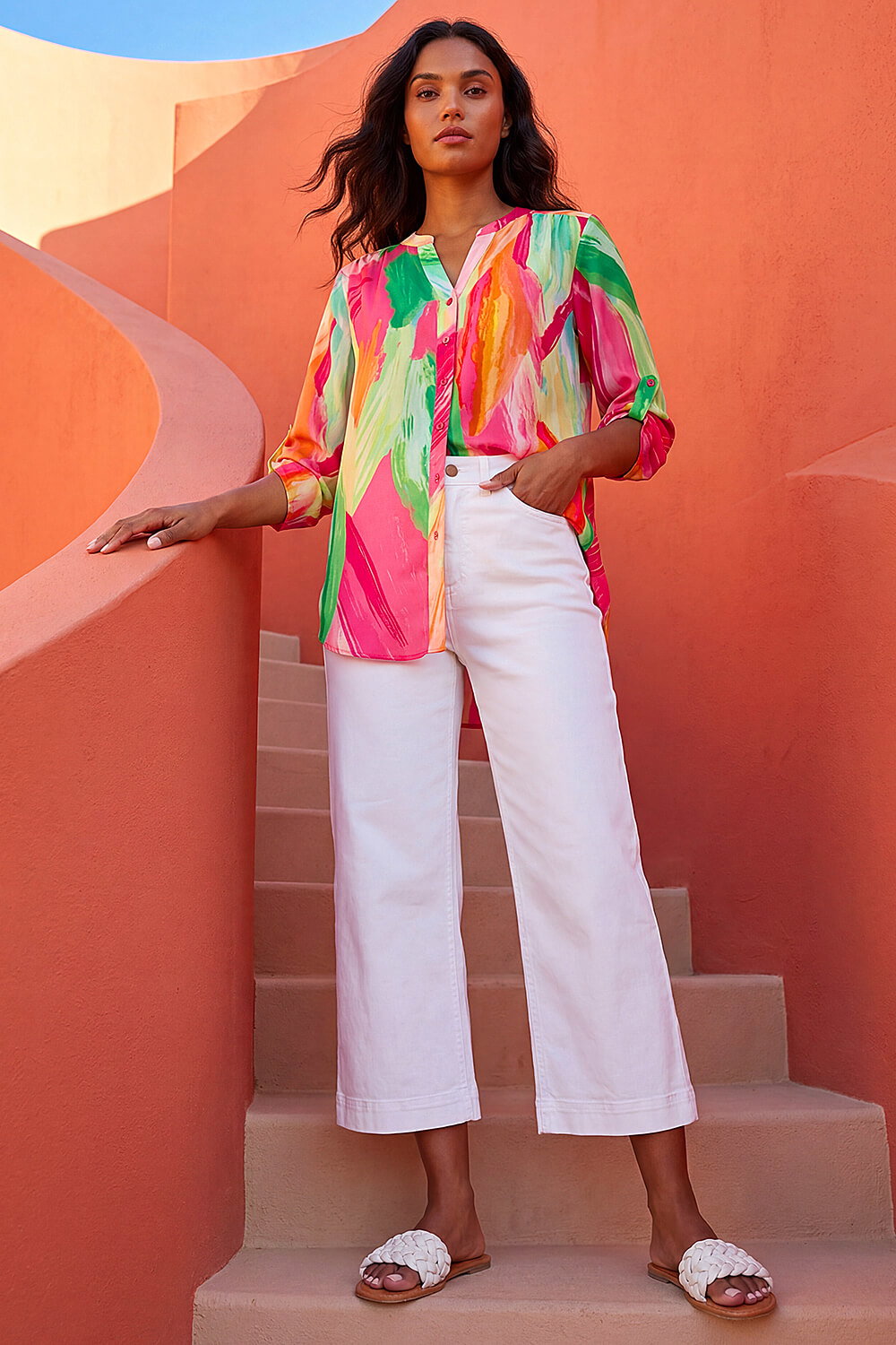 Pink Abstract Print V-Neck Button Up Blouse, Image 3 of 4
