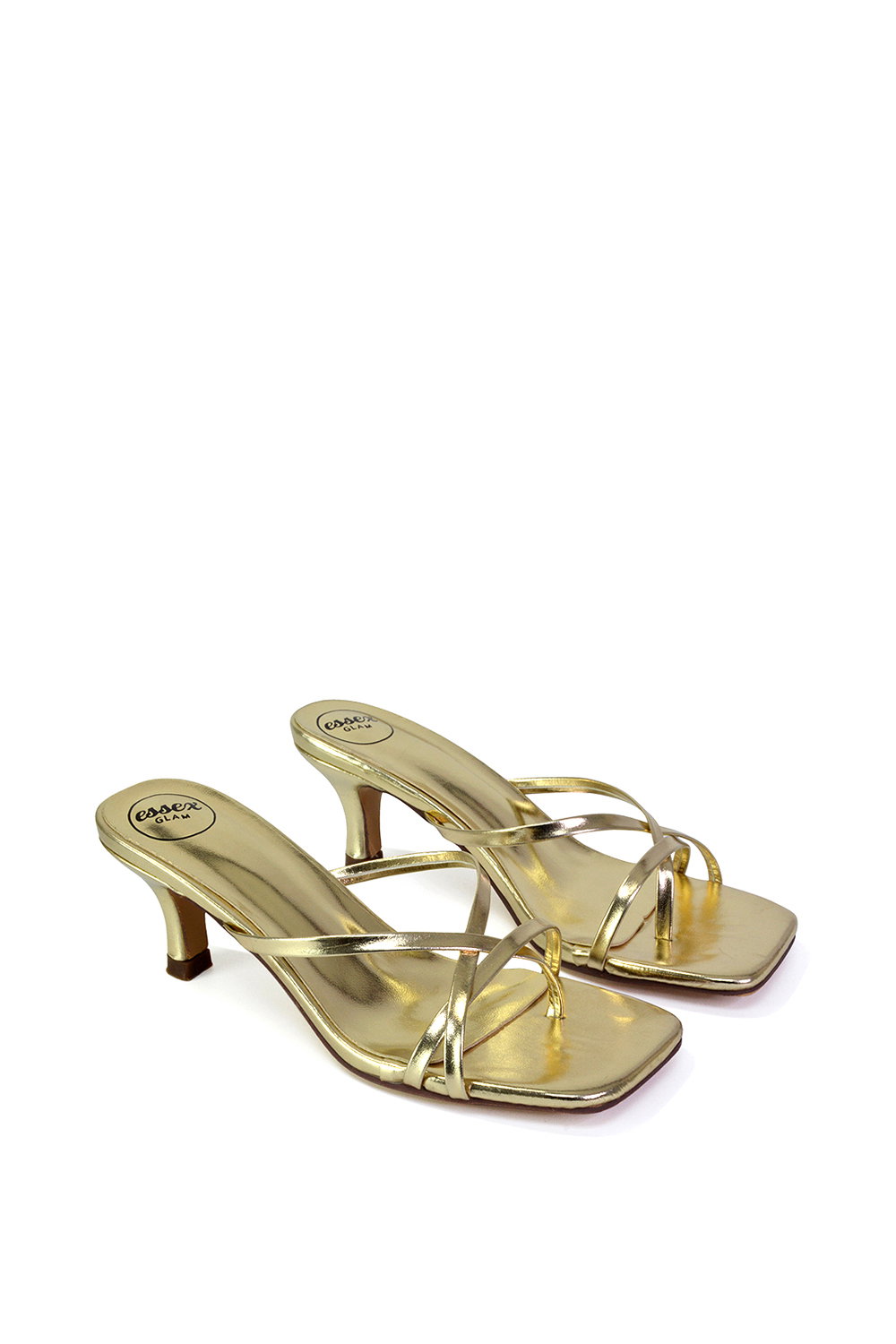Gold XY LONDON Gold 'Dream' Strappy Square Toe Kitten Heel Slip on Mule Sandals, Image 3 of 5