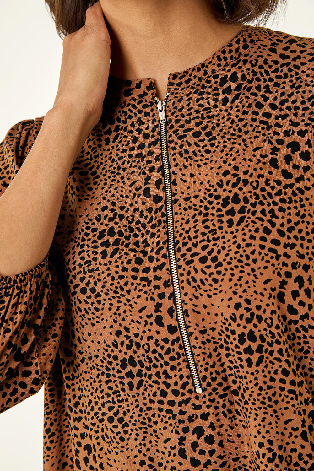 Tan Spot Print Zip Front Dress, Image 7 of 7