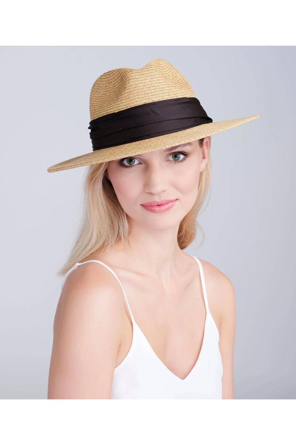 Black Zina - Straw Fedora with Contrast Satin Band - Black, Image 1 of 2