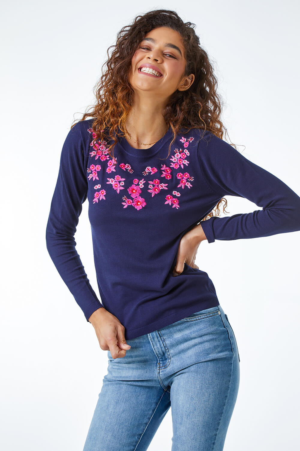 Navy Floral Embroidered Jumper, Image 3 of 5