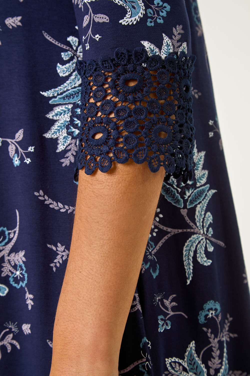 Navy Floral Lace Cuff Stretch Top, Image 6 of 5