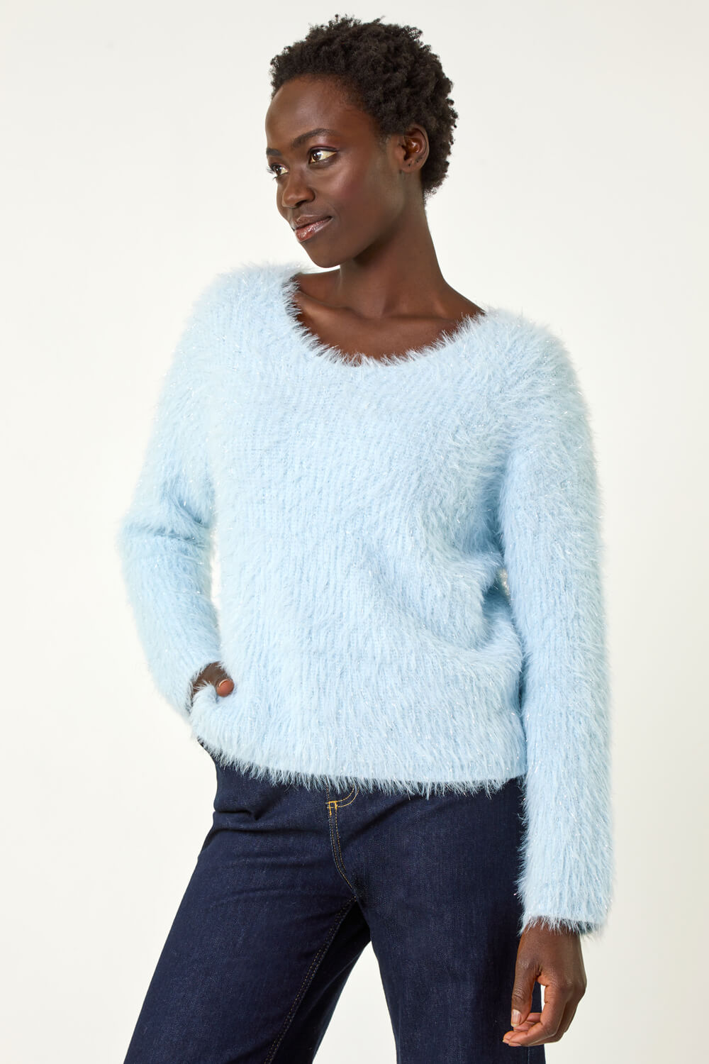 Light Blue V-Neck Fluffy Knit Jumper | Roman UK